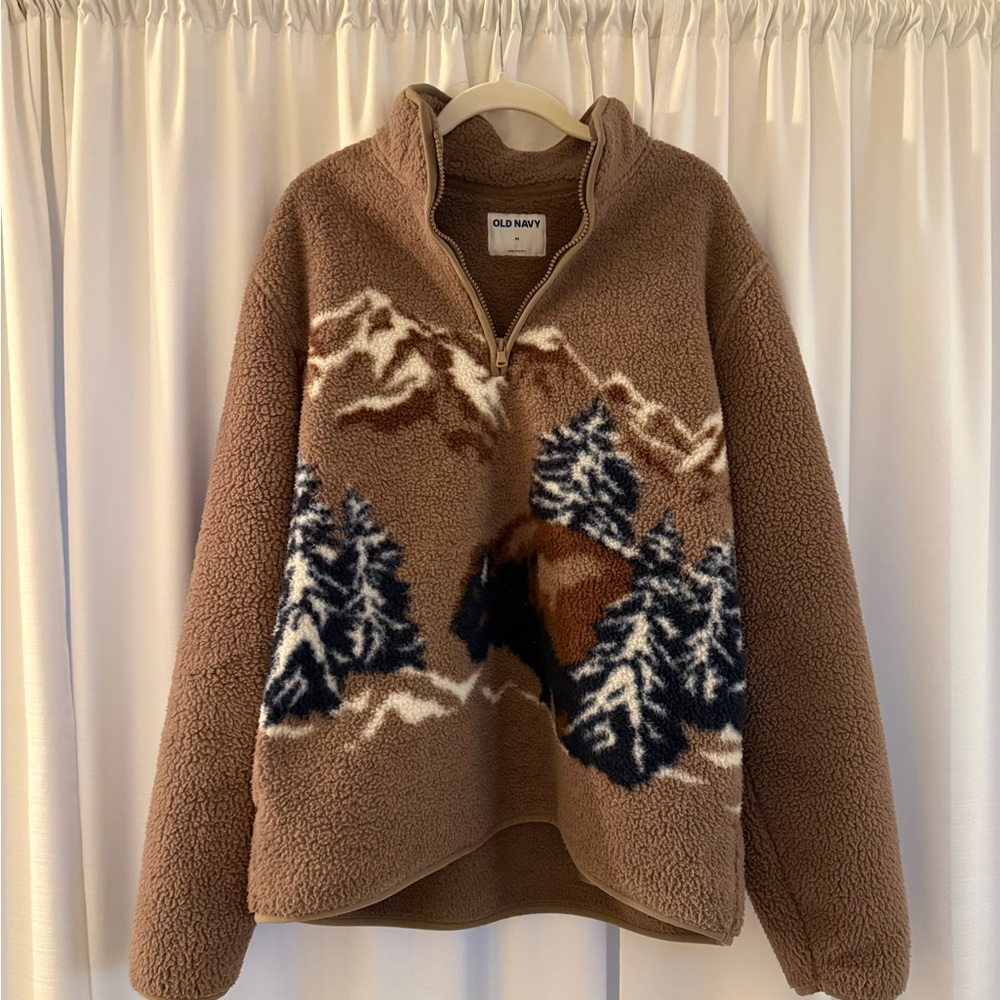 Old Navy Brown Sherpa Graphic Mountain Half-Zip Pullover